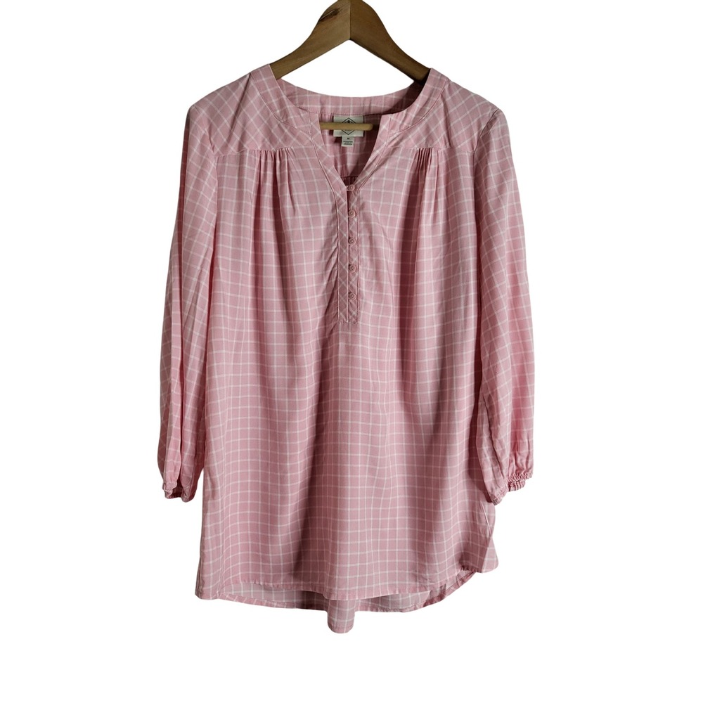 St. John's Bay Pink White Grid Plaid Rayon Blouse M Button Split Neck Preppy
